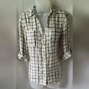 A. Byer Women's Button Down Top, Black & White Checkered Roll-Tab Sleeve Size M